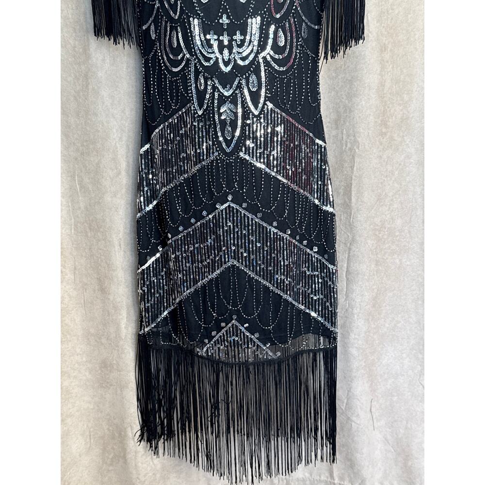 Unique Vintage Black & Silver Sequin Fringe Sleeved Laure Flapper Dress M NWOT - Picture 6 of 10